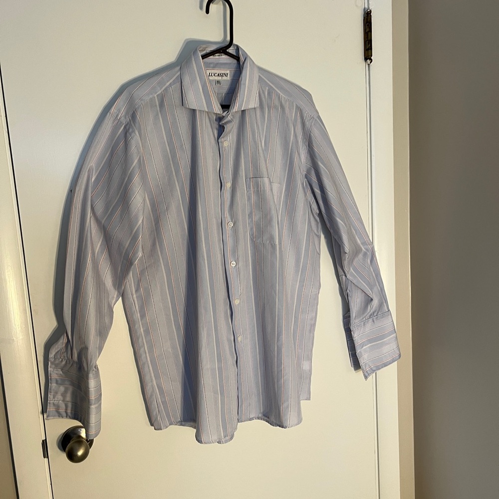 Lucasini Blue Striped Dress Shirt Sz 16 1/4 32-33